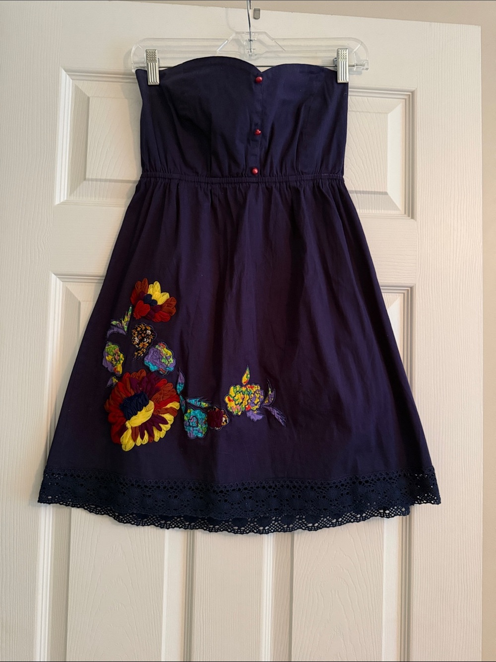 Judith March Navy Strapless Dress with Multicolor Floral Embroidery